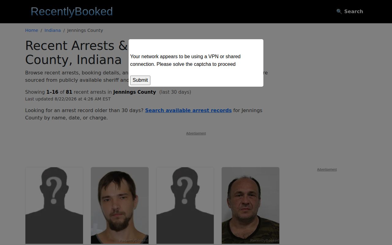 Unofficial Recently Booked Jennings County arrest records section